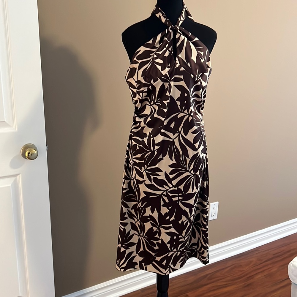 Cream and brown palm leaf design satin dress